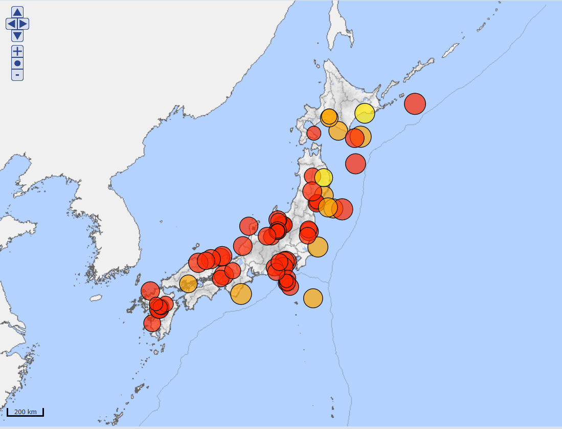 震度6以上の地震は、全国各地で起きている。